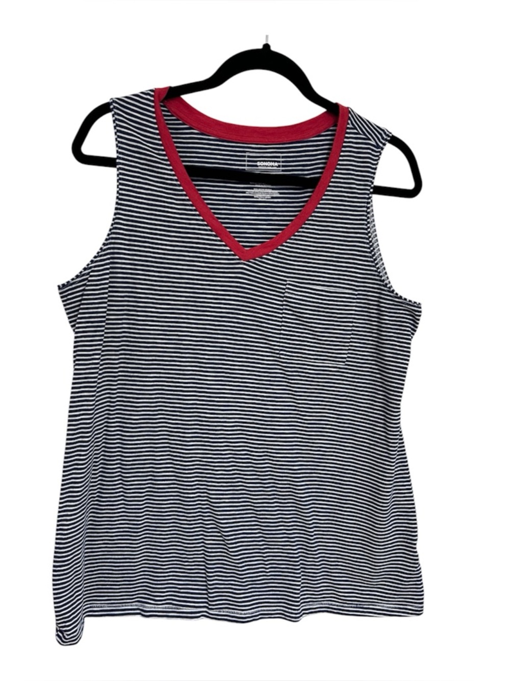 Sonoma Navy & White Striped V-Neck Tank with Red Trim
